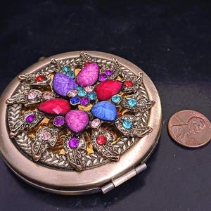 Mirrored Compact, Vintage Jeweled Rhinestone and Cabochons, Ornate Cast brass Floral Design -1950's - Mirrored Compact, Recuerdo of Taxco