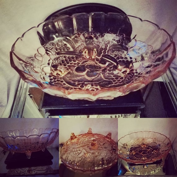 Indiana Glass Pink Footed Oval Bowl, Grapes & Leaves Pattern, Rare