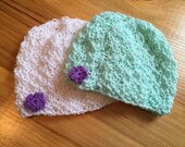 Knit Girl's Hat, Flower Hat, Pastel Girls Hat, 3-6 Months