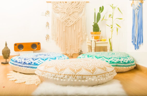 Hand Knitted Cotton Ottoman Pouf Footrest Beige Cotton Braided Cord Knit Bean Bag Chair for Living Room Bedroom and Kids Room Weonly Round Knit Pouf