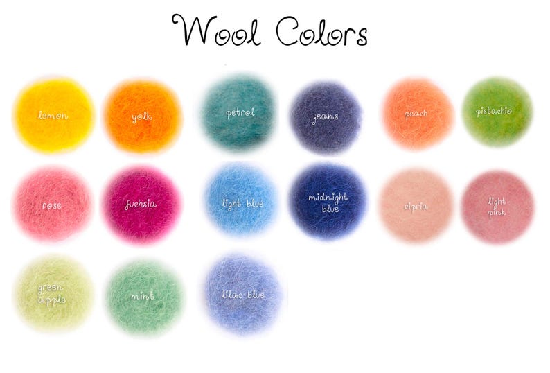 May include: Wool color chart with 18 different colors of wool. The colors are arranged in three rows of six. The colors are: lemon, yolk, petrol, jeans, peach, pistachio, rose, fuchsia, light blue, midnight blue, apricot, light pink, green apple, mint, blue blue, black, grey, and white.