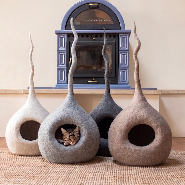 Cat Cave em Lã Natural | Cama Artesanal em Feltro para Gatos | Cama Design para Gatos e Cães Pequenos | Wooly Cat Caves