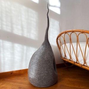 cat bed cave in dark grey natural wool handmade