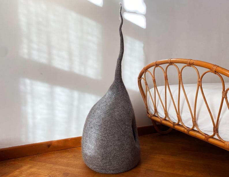 cat bed cave in dark grey natural wool handmade