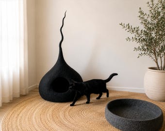 Black Cat Cave in Natural Wool | Handmade Felt Cat Bed | Modern Cat House for Cats & Small Dogs | Wooly Cat Caves