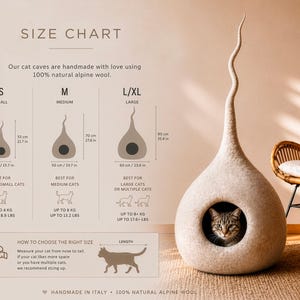 K&ouml;nnte beinhalten: Ein cremefarbenes Katzenhaus aus nat&uuml;rlicher Alpinwolle mit einer einzigartigen, l&auml;nglichen Tropfenform und einer gewellten Spitze. Das Haus hat eine runde &Ouml;ffnung, in der sich eine Katze befindet. Die Gr&ouml;&szlig;entabelle zeigt Ma&szlig;e in cm und kg.