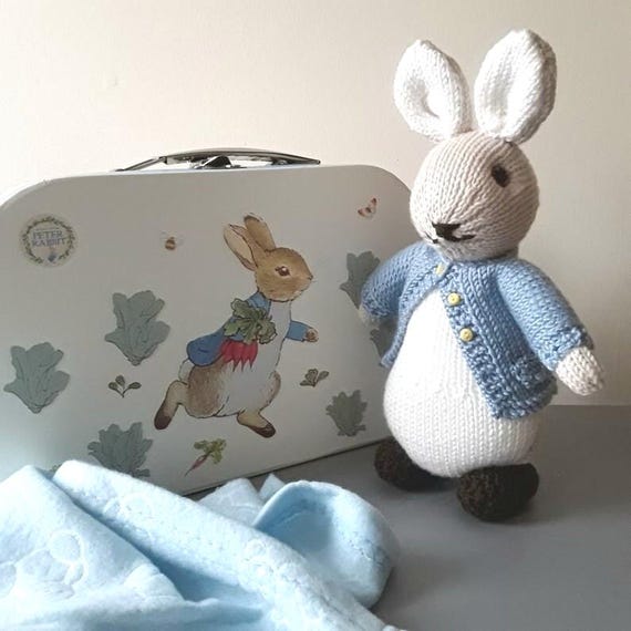 Soft and Cuddly Handknitted Mr Rabbit with his Carrots.