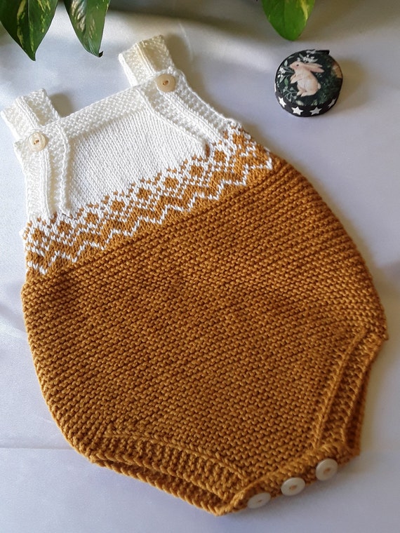 Handknitted Baby Romper 6 - 9 months in Mustard and Cream.