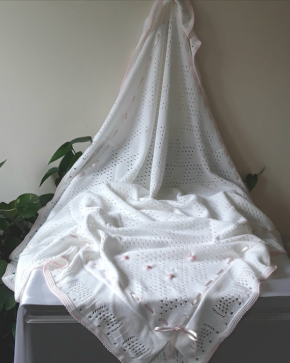 Beautiful White Patterned Shawl with Ribbon and Rosebuds.