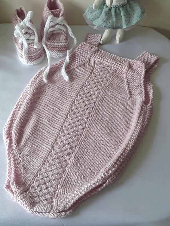 Hand Knitted Baby Romper in Pink Baby Merino Wool.