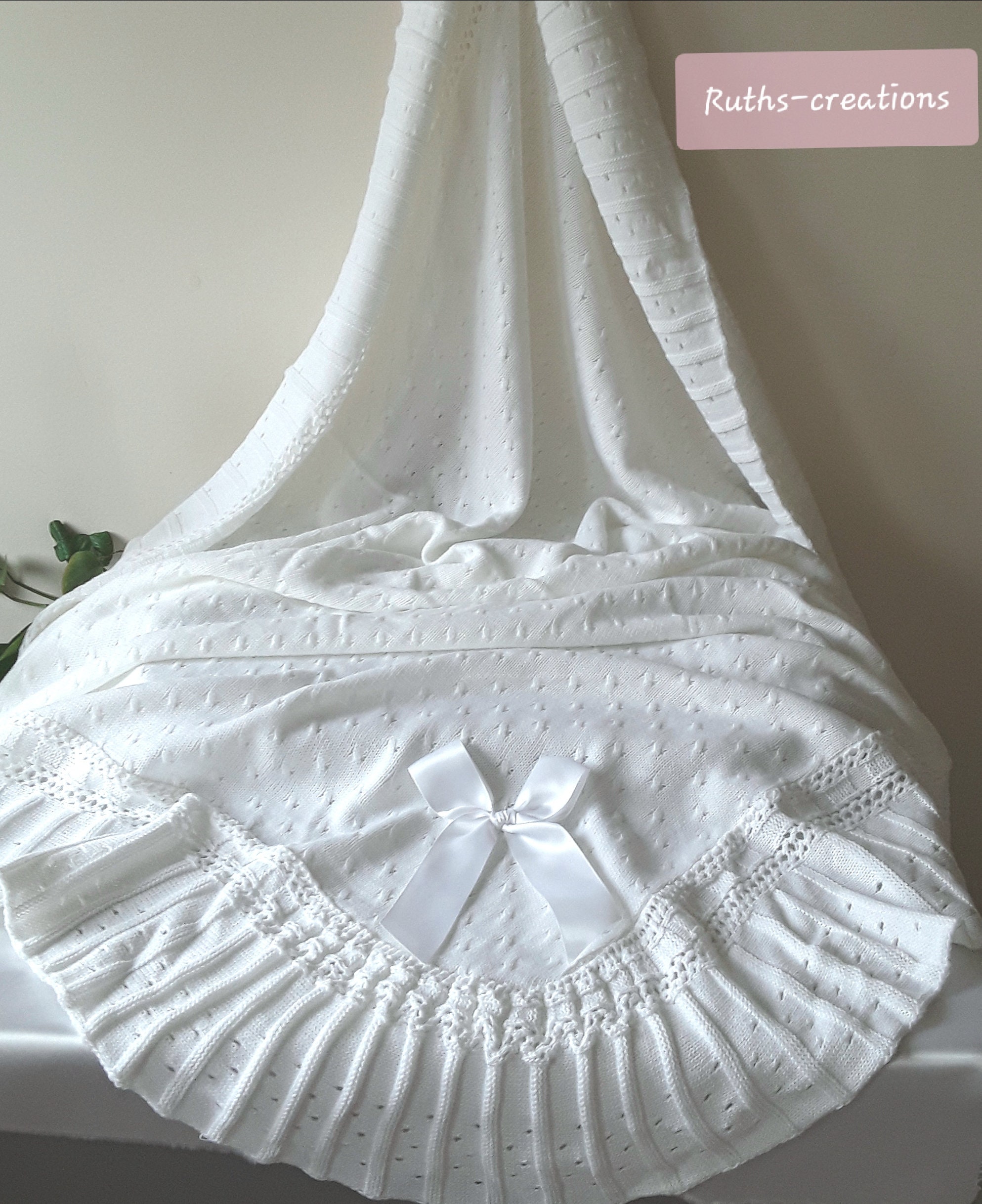 A Beautiful White Baby Shawl with Boxed Pleated Frill