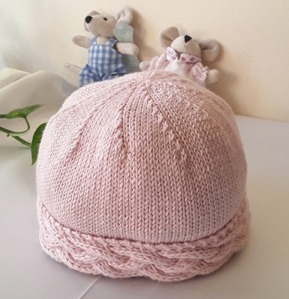 Newborn Handknitted Baby Hat in Pink.