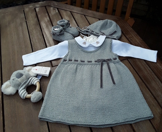 Handknitted Baby Outfit - Dress, Hat and Bootees Set.