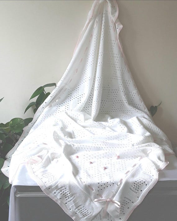 Beautiful White Patterned Shawl with Ribbon and Rosebuds.