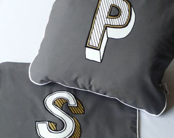 Letter pillow cushion. Personalized alphabet lover. Initial monogram on Gray/White Cotton. 'Juniper Red' font. New home gift.