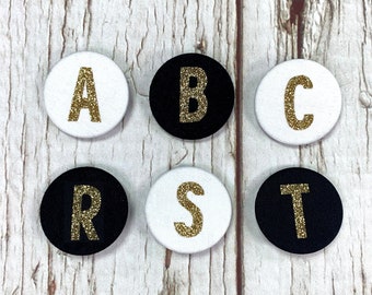 Glitter Fabric Letter badges large 38mm. Black, White and gold Alphabet Button pin. Hen parties