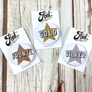 Sports Day badges Gold, Silver, Bronze. Winners awards, first prize, competition, medal Pin&#39;s Small 25mm, large 38mm.