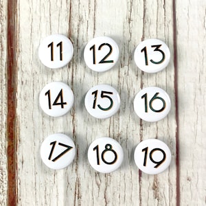 Birthday Number&#39;s 11, 12, 13, 14, 15, 16, 17, 18, 19 &#39;Branson&#39; font. Two Sizes: small 25mm, large 38mm Pin Button Badge. Black & White.