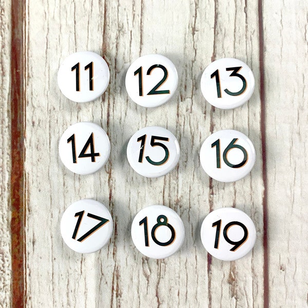 Birthday Number's 11, 12, 13, 14, 15, 16, 17, 18, 19 'Branson' font. Two Sizes: small 25mm, large 38mm Pin Button Badge. Black & White.