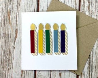 Rainbow Candle Birthday Card. Personalised Handmade Custom Greetings Card. Bright celebrations