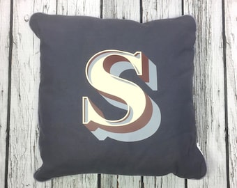 Alphabet cushion. Personalized monogram letter pillow. Custom Initial on Gray or White Cotton.'Stirling Shadow' font. New home gift.