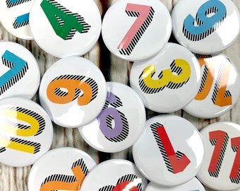 Number Pin Button Badge, Rainbow of colours. Birthday's 1, 2, 3, 4, 5, 6, 7, 8, 9, 10 'Bradford Buzz' font Two Sizes: small 25mm, large 38mm