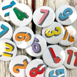 Number Pin Button Badge, Rainbow of colours. Birthday's 1, 2, 3, 4, 5, 6, 7, 8, 9, 10 'Bradford Buzz' font Two Sizes: small 25mm, large 38mm image 1