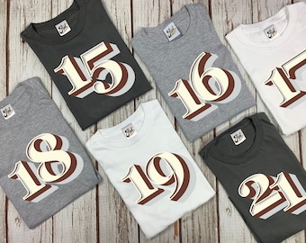 Geburtstag T-Shirt, 15, 16, 17, 18, 19, 20 und 21 Jahre männlich weiblich Zahl. Beliebig groß! Teenager Geburtstagsshirt. Stirling Shadow Eighteenth