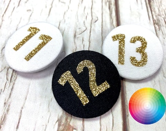 Glittery Fabric Birthday badges large 38mm. Age's 11, 12, 13, 14, 15, 16, 17, 18, 19 Black and White with gold Button pin Numbers