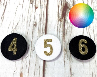 Fabric & Glitter Birthday pin badges large 38mm. Age's 1, 2, 3, 4, 5, 6, 7, 8, 9, 10 Black and White with gold Button Numbers