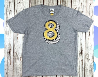 Ready to ship: Kids Number 8 T-Shirt. Birthday Child shirt. Children's Tee's age 12-14 Juniper Red font