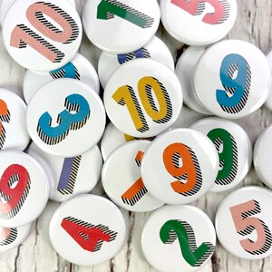 Number Pin Button Badge, Rainbow of colours. Birthday's 1, 2, 3, 4, 5, 6, 7, 8, 9, 10 'Bradford Buzz' font Two Sizes: small 25mm, large 38mm image 7