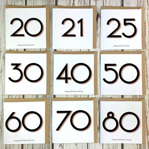 Ręcznie robiona kartka urodzinowa. Spersonalizowane czarne spersonalizowane pozdrowienia numery wiekowe 20, 21, 25, 30, 40, 50, 60, 70, 80, 90, 100 Branson font Anniversary