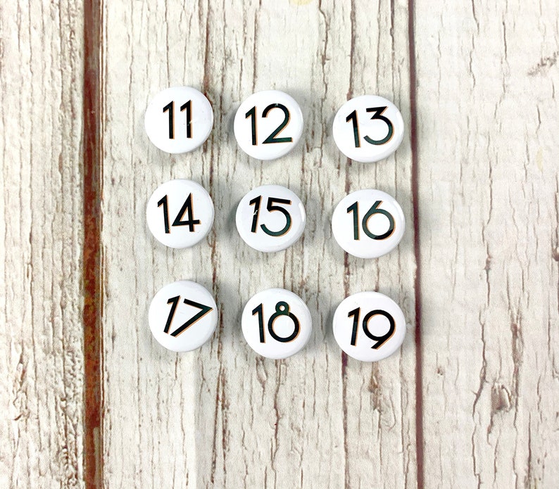 Birthday Number's 11, 12, 13, 14, 15, 16, 17, 18, 19 'Branson' font. Two Sizes: small 25mm, large 38mm Pin Button Badge. Black & White. image 1