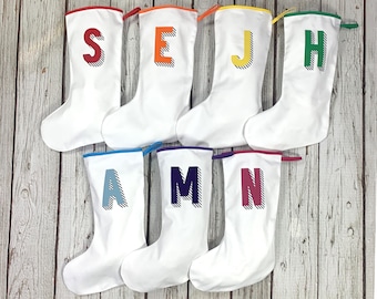 Rainbow Christmas Stocking- personalised Holiday decoration, Custom initial xmas. Alphabet- Red, orange, yellow, green, blue, purple, pink