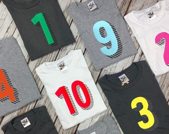 Kids Number T-Shirts. Personalise Birthday/Age of Child shirt. Children's Tee's 1, 2, 3, 4, 5, 6, 7, 8, 9, 10