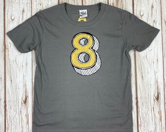 Ready to ship: Kids Number 8 T-Shirt. Birthday Child shirt. Children's Tee's age 9-11 Juniper Red font