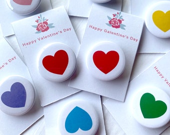Valentine Galentine pin badges in a choice of colours. Love Emoji