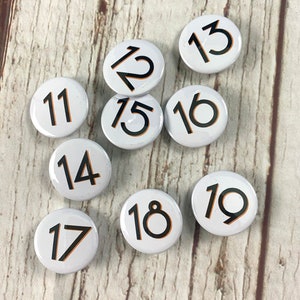 Birthday Number's 11, 12, 13, 14, 15, 16, 17, 18, 19 'Branson' font. Two Sizes: small 25mm, large 38mm Pin Button Badge. Black & White. image 6
