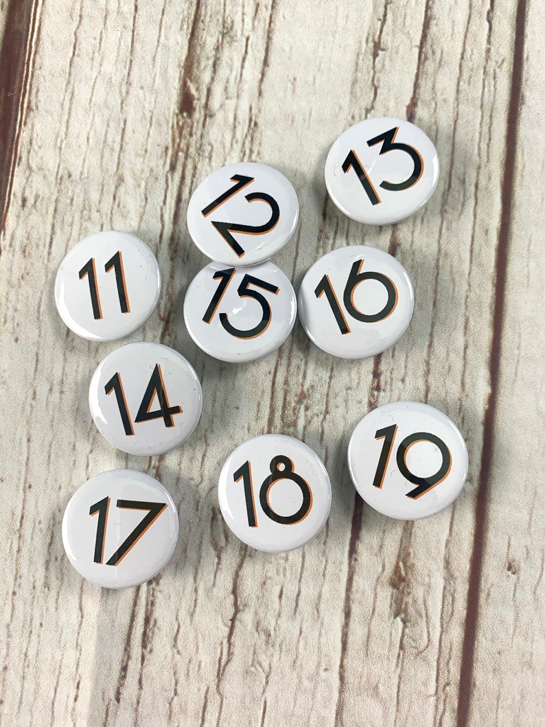 Birthday Number's 11, 12, 13, 14, 15, 16, 17, 18, 19 'Branson' font. Two Sizes: small 25mm, large 38mm Pin Button Badge. Black & White. image 6