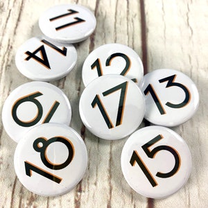Birthday Number's 11, 12, 13, 14, 15, 16, 17, 18, 19 'Branson' font. Two Sizes: small 25mm, large 38mm Pin Button Badge. Black & White. image 5