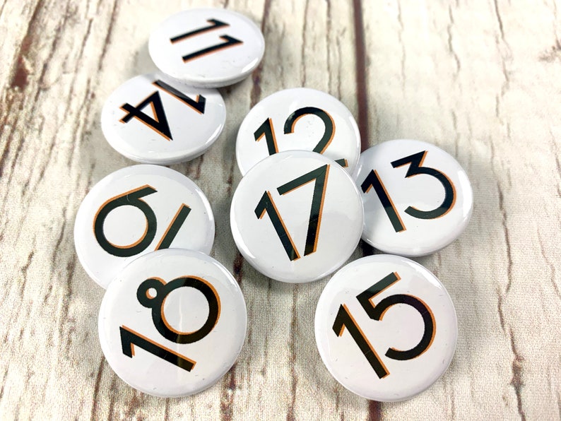 Birthday Number's 11, 12, 13, 14, 15, 16, 17, 18, 19 'Branson' font. Two Sizes: small 25mm, large 38mm Pin Button Badge. Black & White. image 5