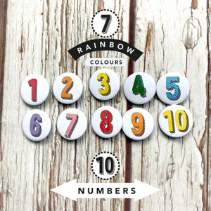 Number Pin Button Badge, Rainbow of colours. Birthday's 1, 2, 3, 4, 5, 6, 7, 8, 9, 10 'Bradford Buzz' font Two Sizes: small 25mm, large 38mm image 3