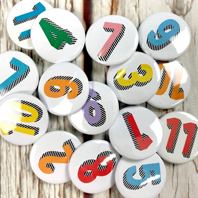 Number Pin Button Badge, Rainbow of colours. Birthday's 1, 2, 3, 4, 5, 6, 7, 8, 9, 10 'Bradford Buzz' font Two Sizes: small 25mm, large 38mm image 1