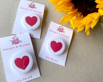 Custom Wedding Favours pin badges in a choice of colours. Love Emoji