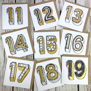 Tarjeta de cumpleaños hecha a mano. Tarjeta de felicitación personalizada. Números/Edad: 11, 12, 13, 4, 15, 16, 17, 18, 19 - Fuente "Juniper Red". Aniversario.