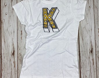 Ready to ship: Women's letter K T-Shirt. Tee's size XS-Juniper Red font