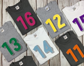 Teenagers Number T-Shirts. Personalise Kids' Birthday shirt. Children's Shirts Ages 11, 12, 13, 14, 15 & 16