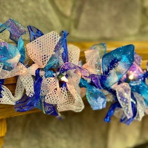 5 foot Blue chrismtas garland, Winter christmas garland, lighted christmas garland, blue ribbon garland, silver chrismas garland