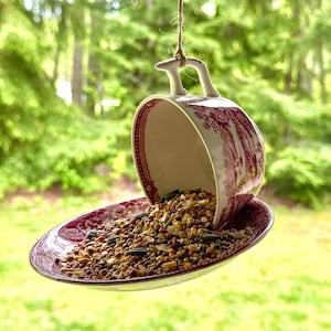 May include: A repurposed teacup bird feeder. The white teacup and saucer have a red floral design. The teacup is suspended upside down, with birdseed spilling onto the saucer. The feeder hangs from a natural twine string.
